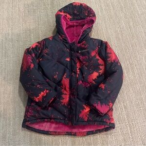 Columbia Girls Hooded Puffer Jacket Coat Pink Black Abstract Print Size M
